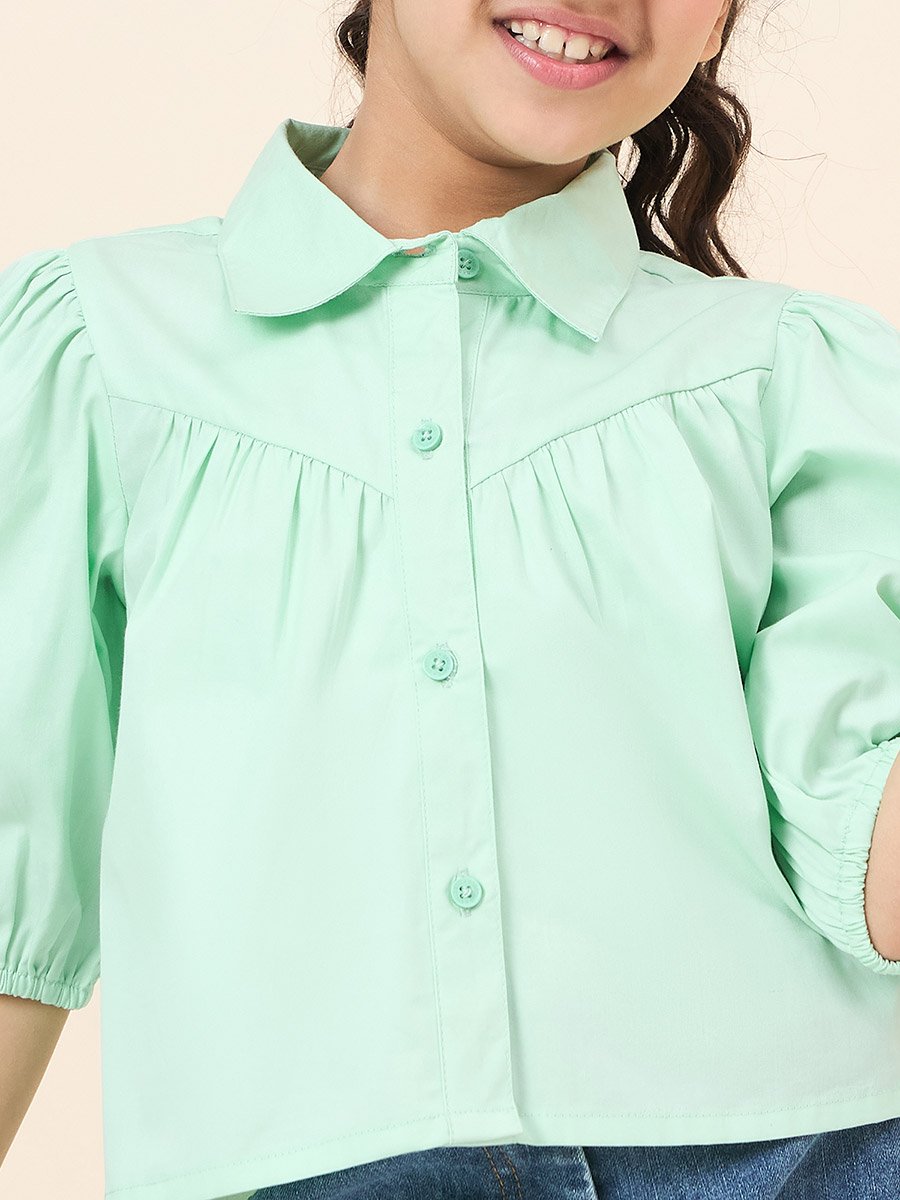 Girls Green Cotton Puff Sleeve Top
