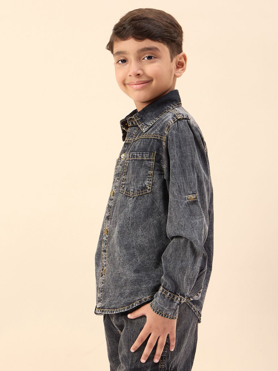 Boys Black Cotton Denim Shirt