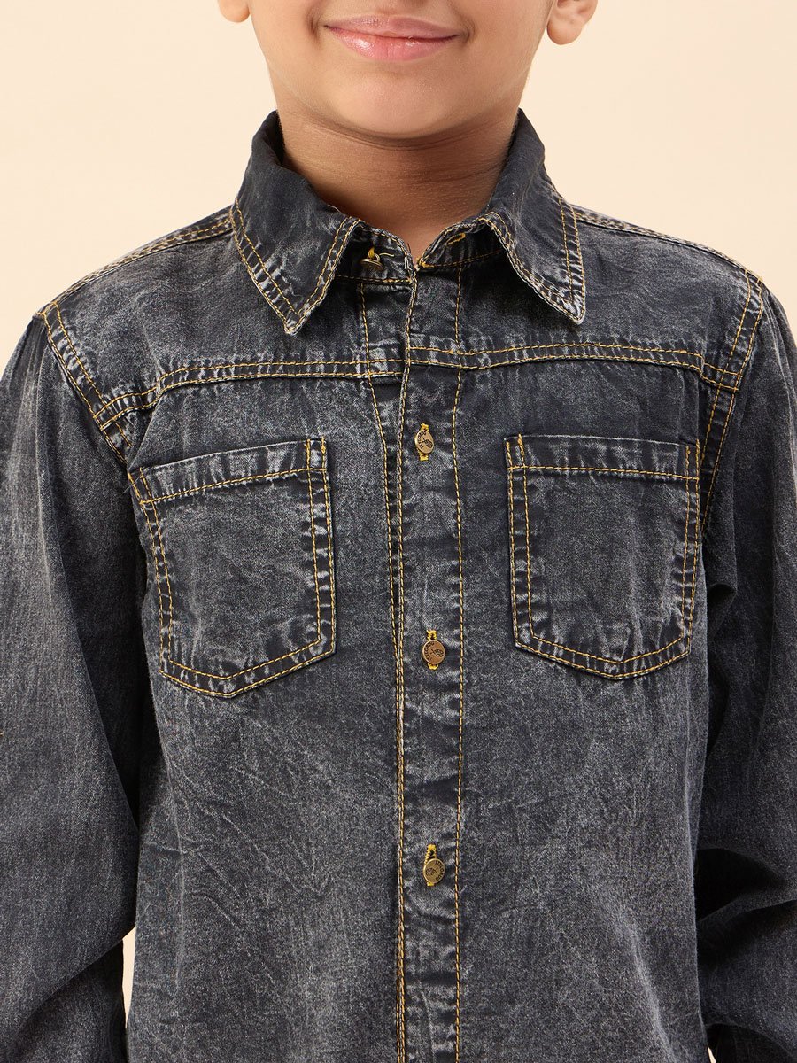 Boys Black Cotton Denim Shirt