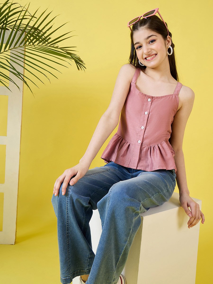 Girls Pink Buttoned Sleeveless Top