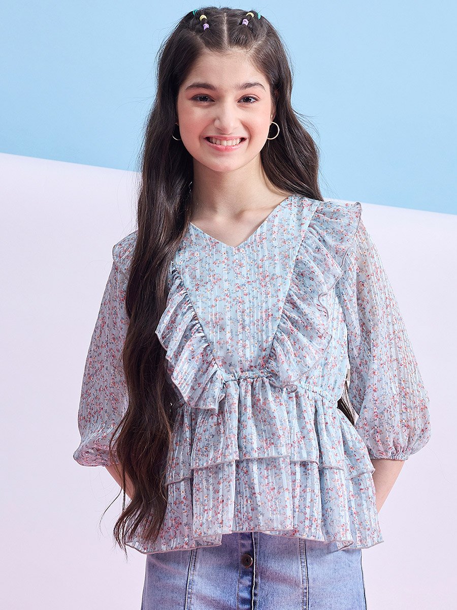 Girls Blue Floral Print Ruffle Top