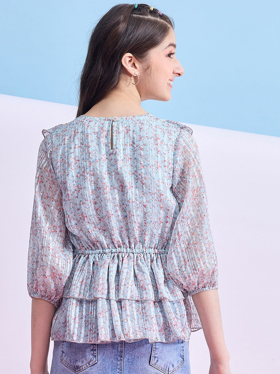 Girls Blue Floral Print Ruffle Top