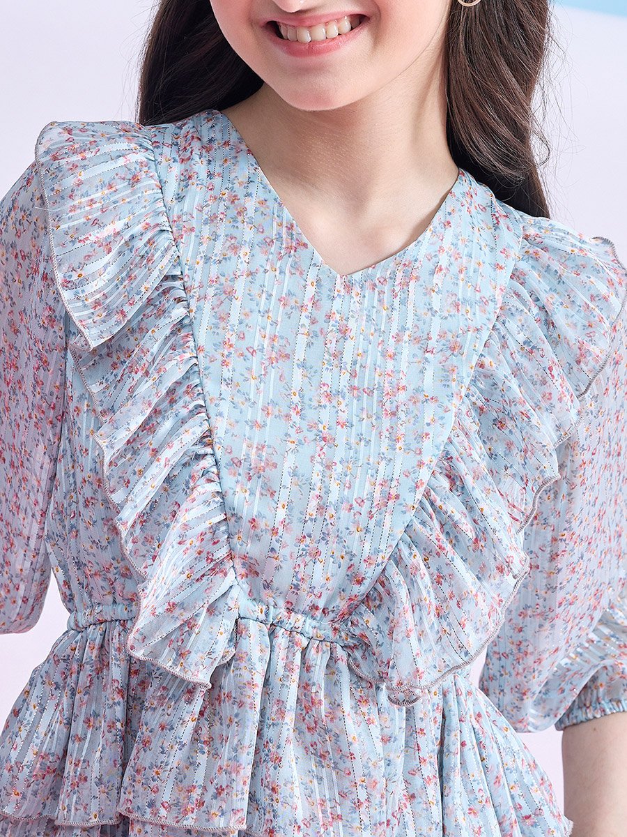 Girls Blue Floral Print Ruffle Top