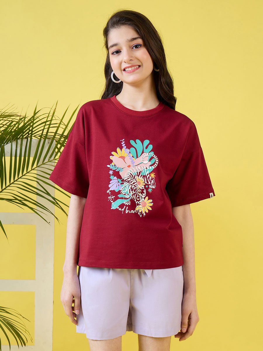 Girls Flower Print Round Neck T-Shirt