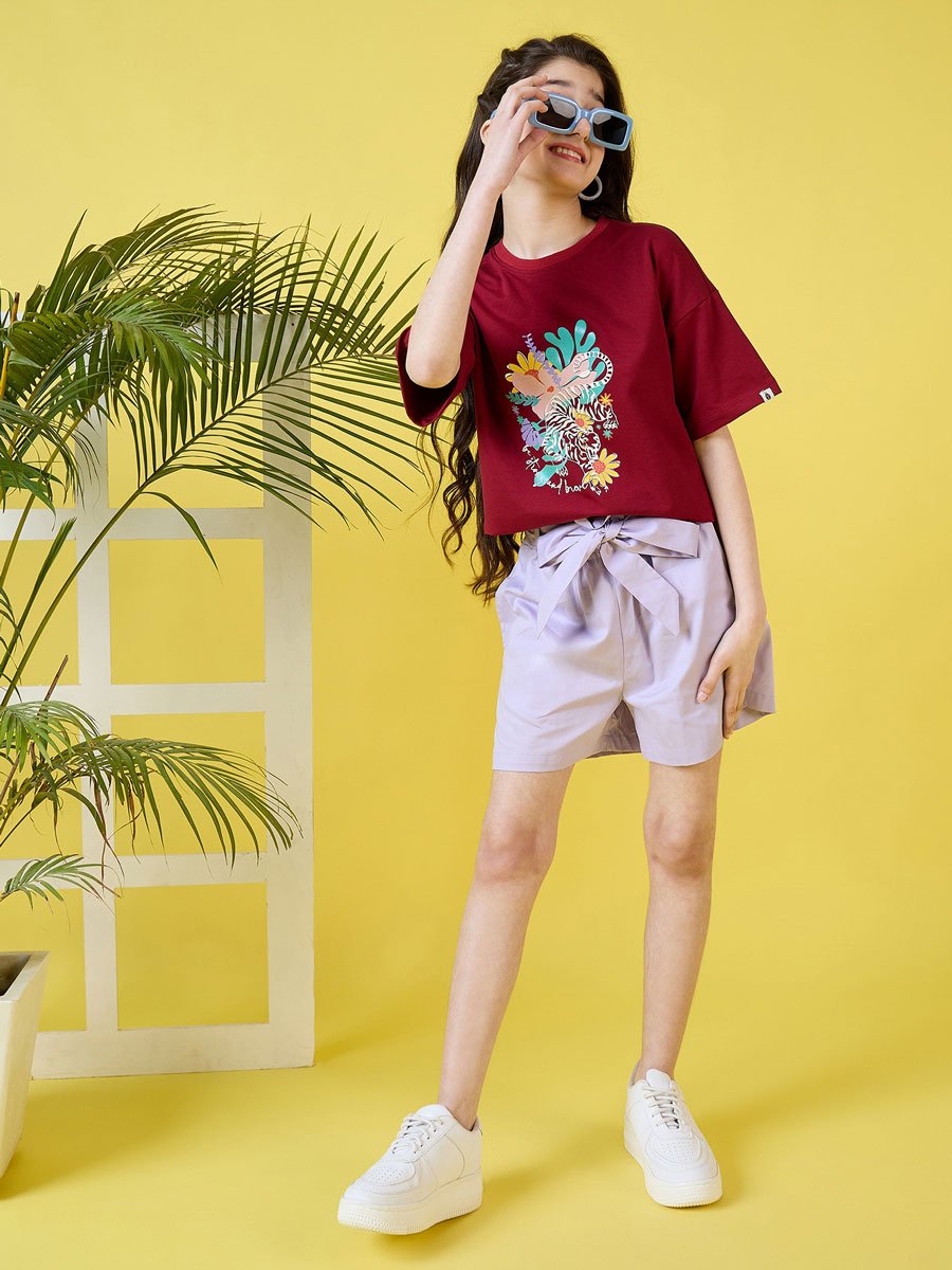 Girls Flower Print Round Neck T-Shirt