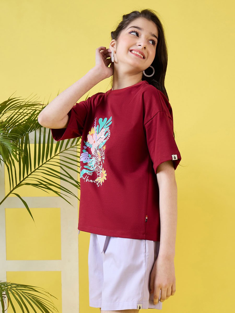 Girls Flower Print Round Neck T-Shirt