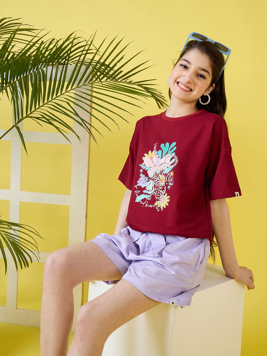 Girls Flower Print Round Neck T-Shirt