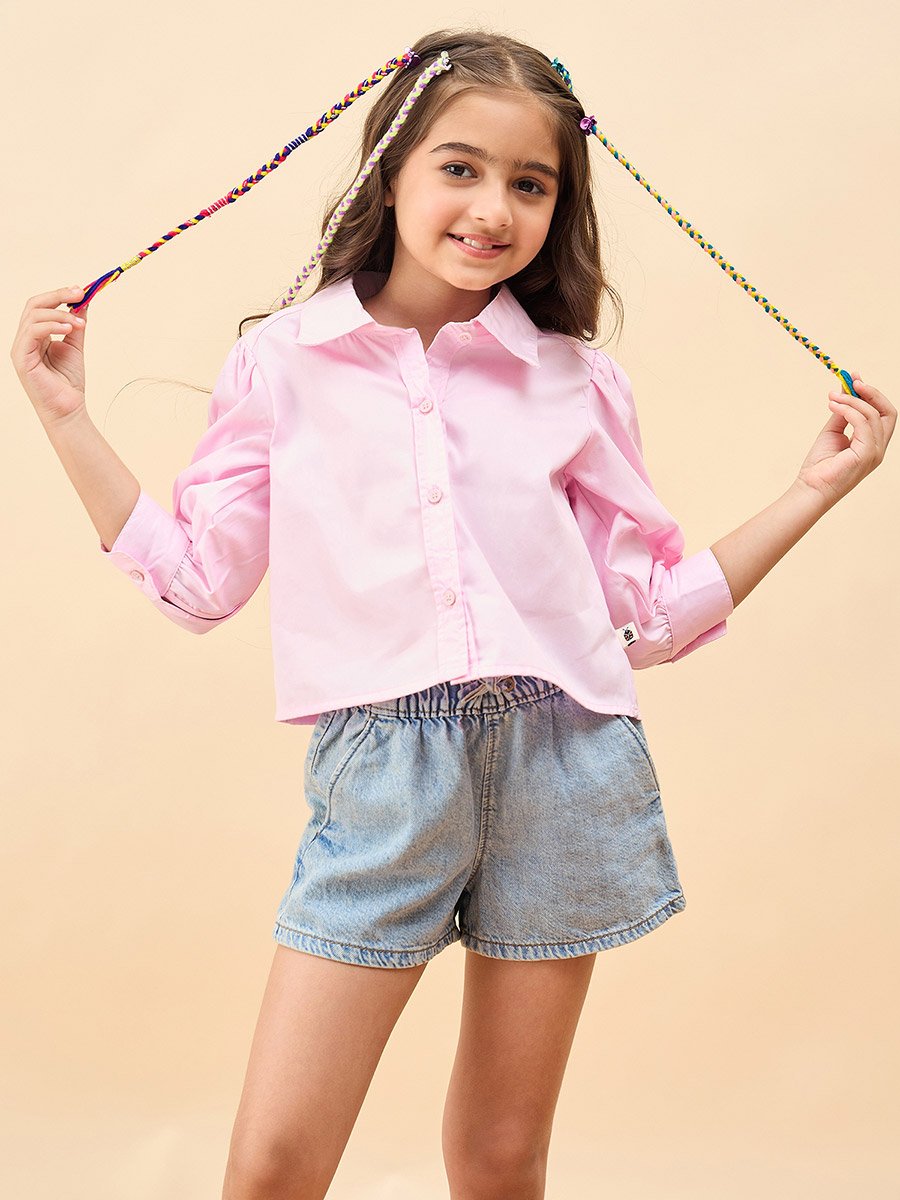 Girls Pink Cotton Long Sleeve Shirt