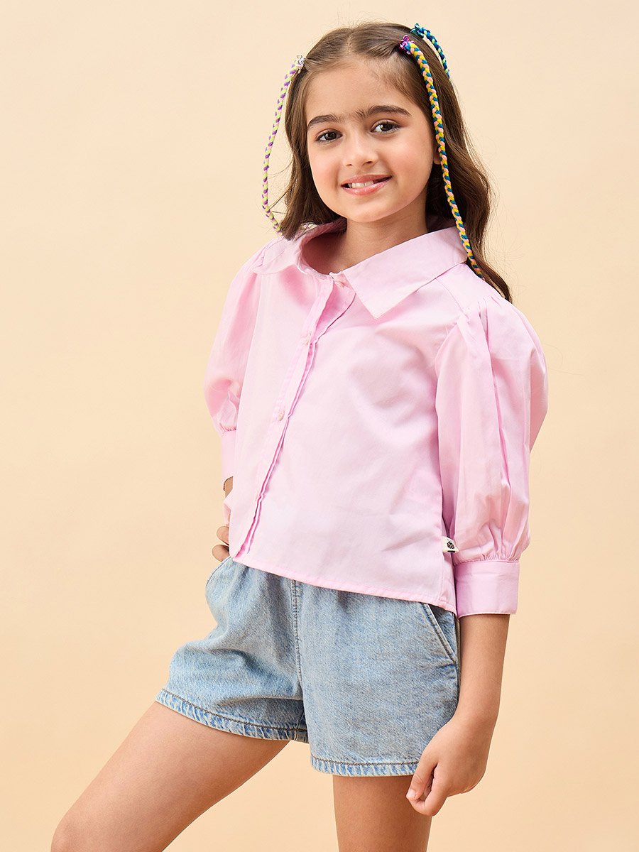 Girls Pink Cotton Long Sleeve Shirt