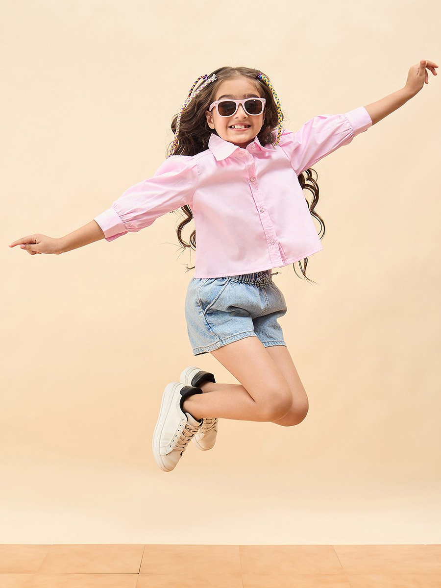 Girls Pink Cotton Long Sleeve Shirt