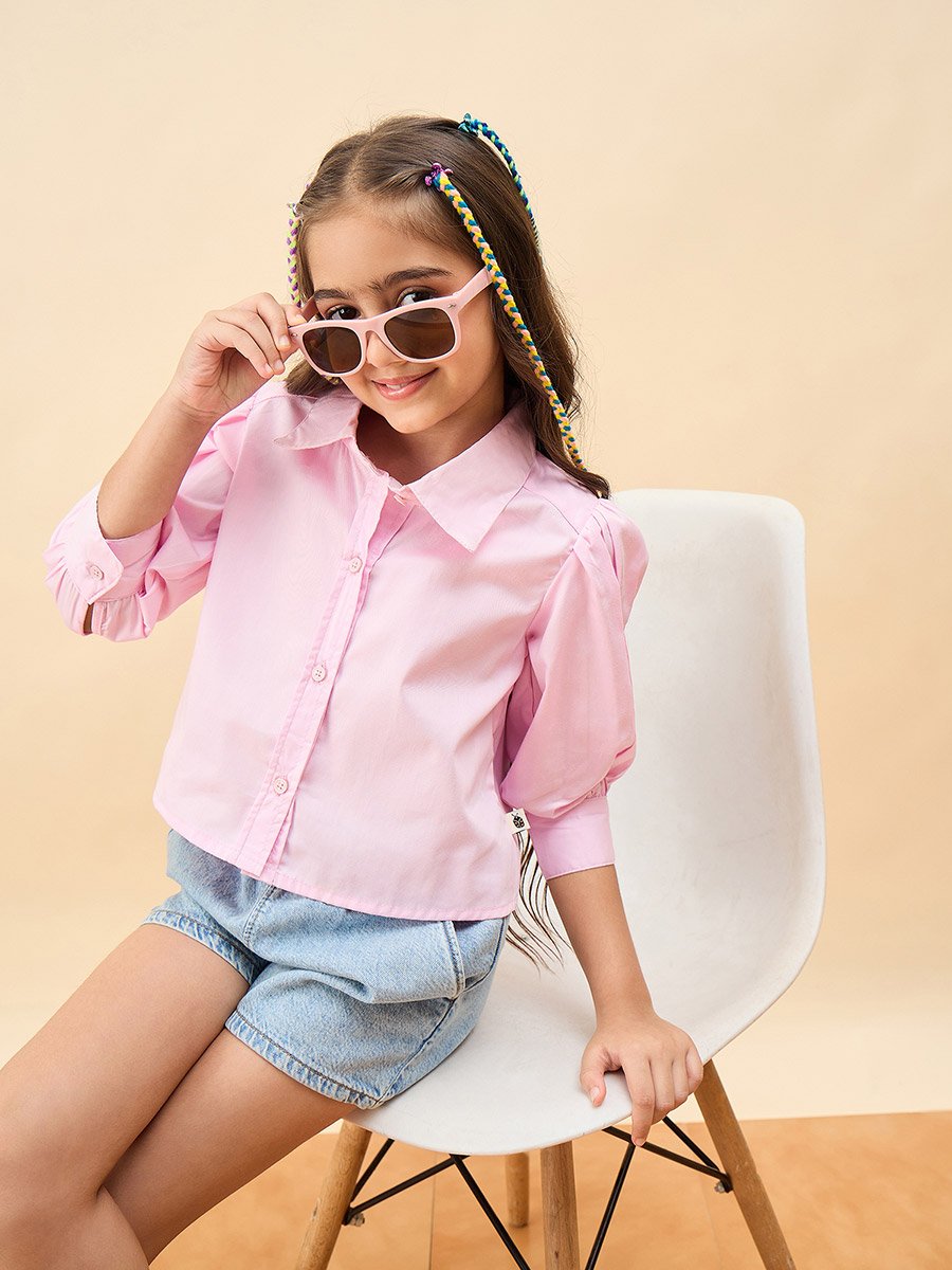 Girls Pink Cotton Long Sleeve Shirt