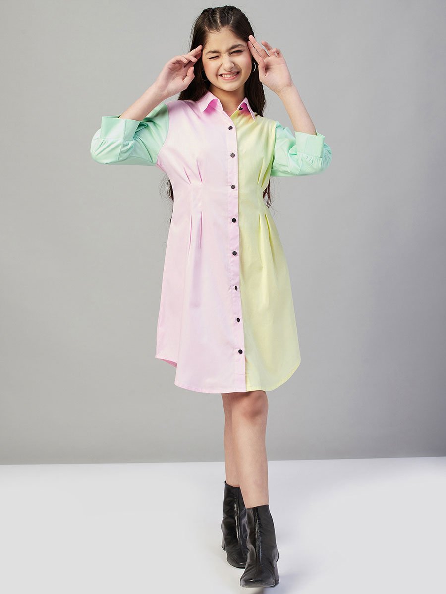 Girls Pastel Color Block Buttoned Dress
