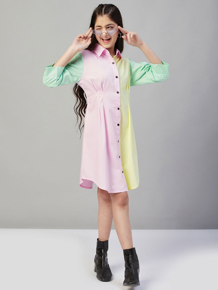 Girls Pastel Color Block Buttoned Dress