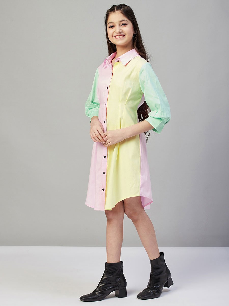 Girls Pastel Color Block Buttoned Dress