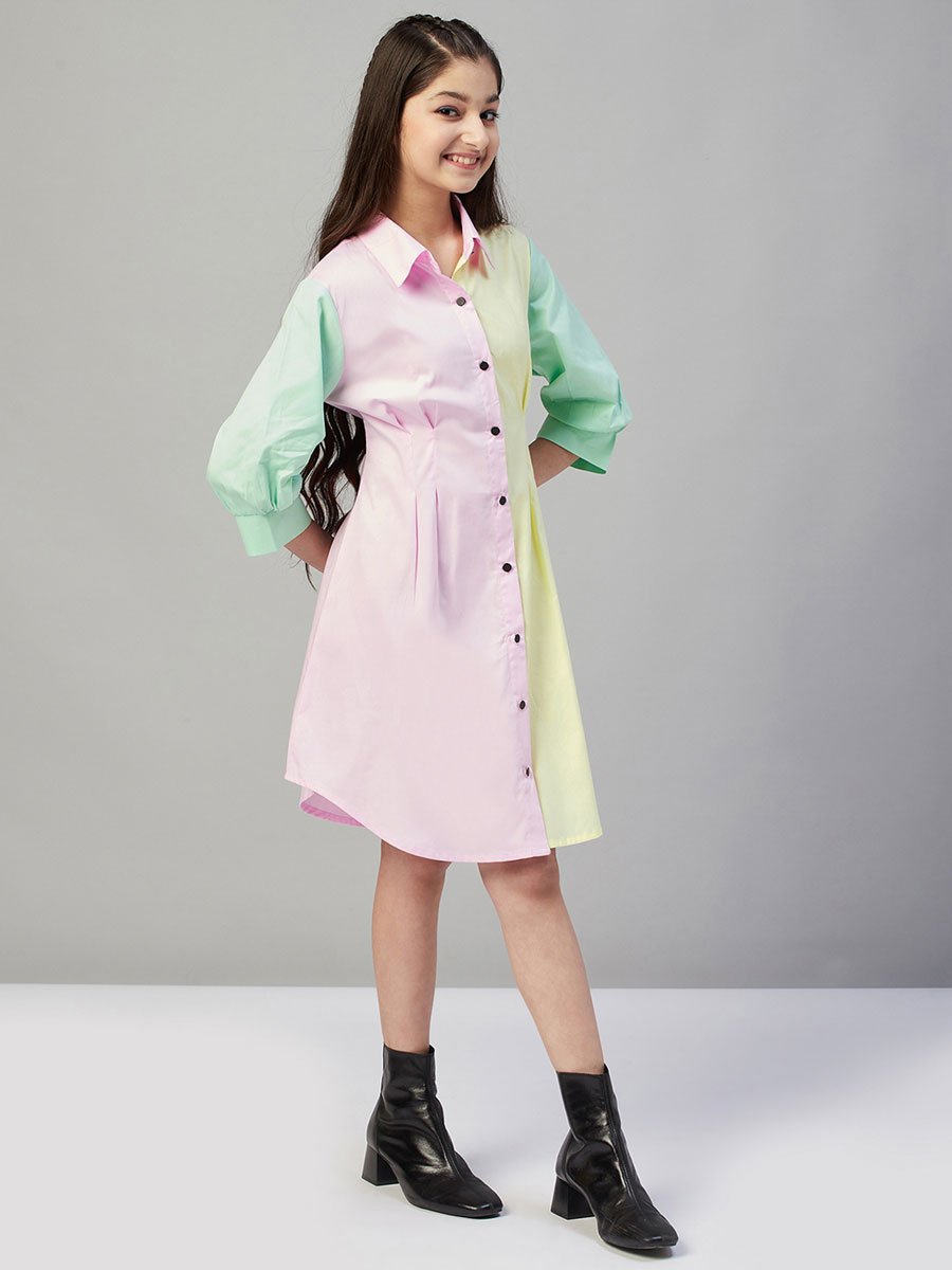 Girls Pastel Color Block Buttoned Dress
