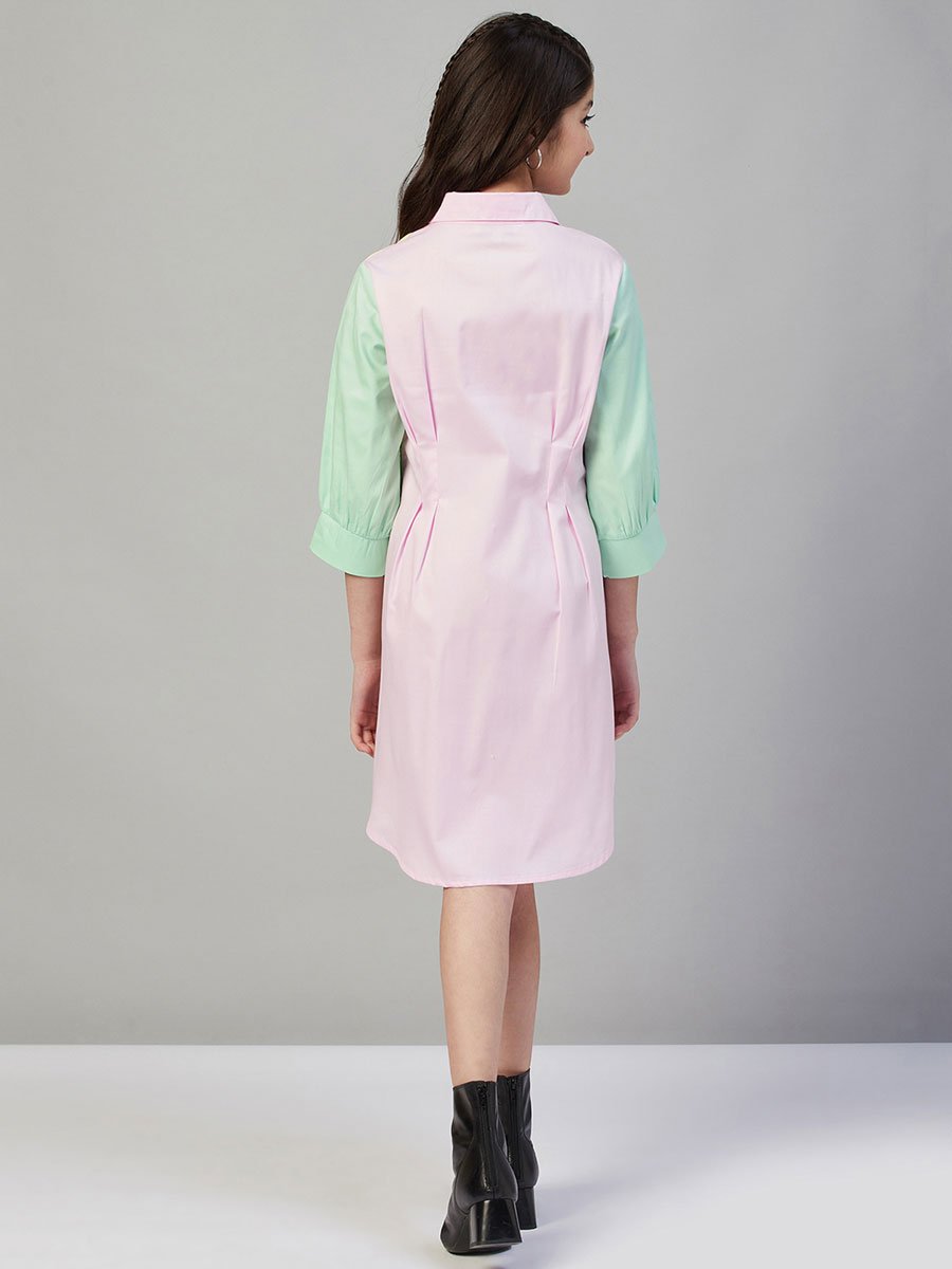 Girls Pastel Color Block Buttoned Dress