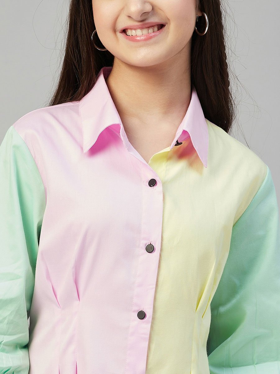 Girls Pastel Color Block Buttoned Dress