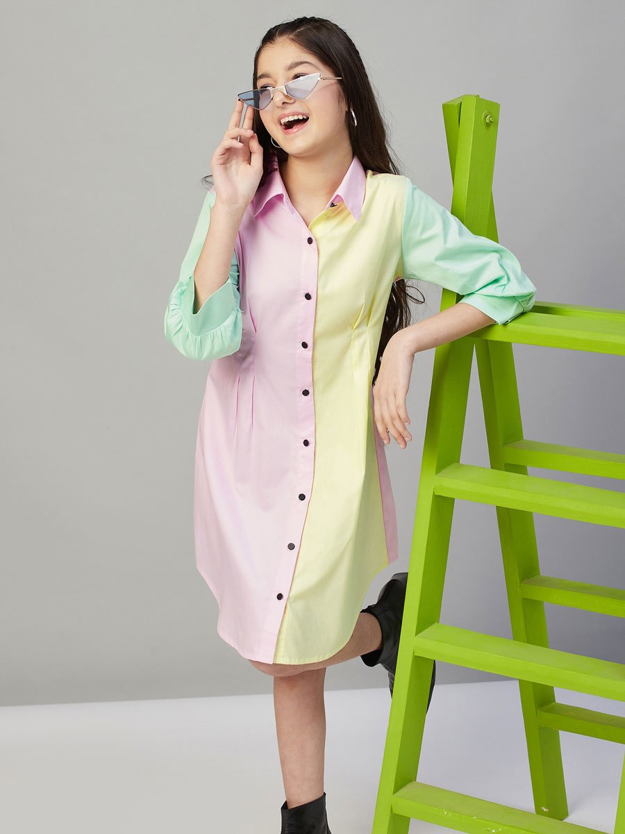 Girls Pastel Color Block Buttoned Dress