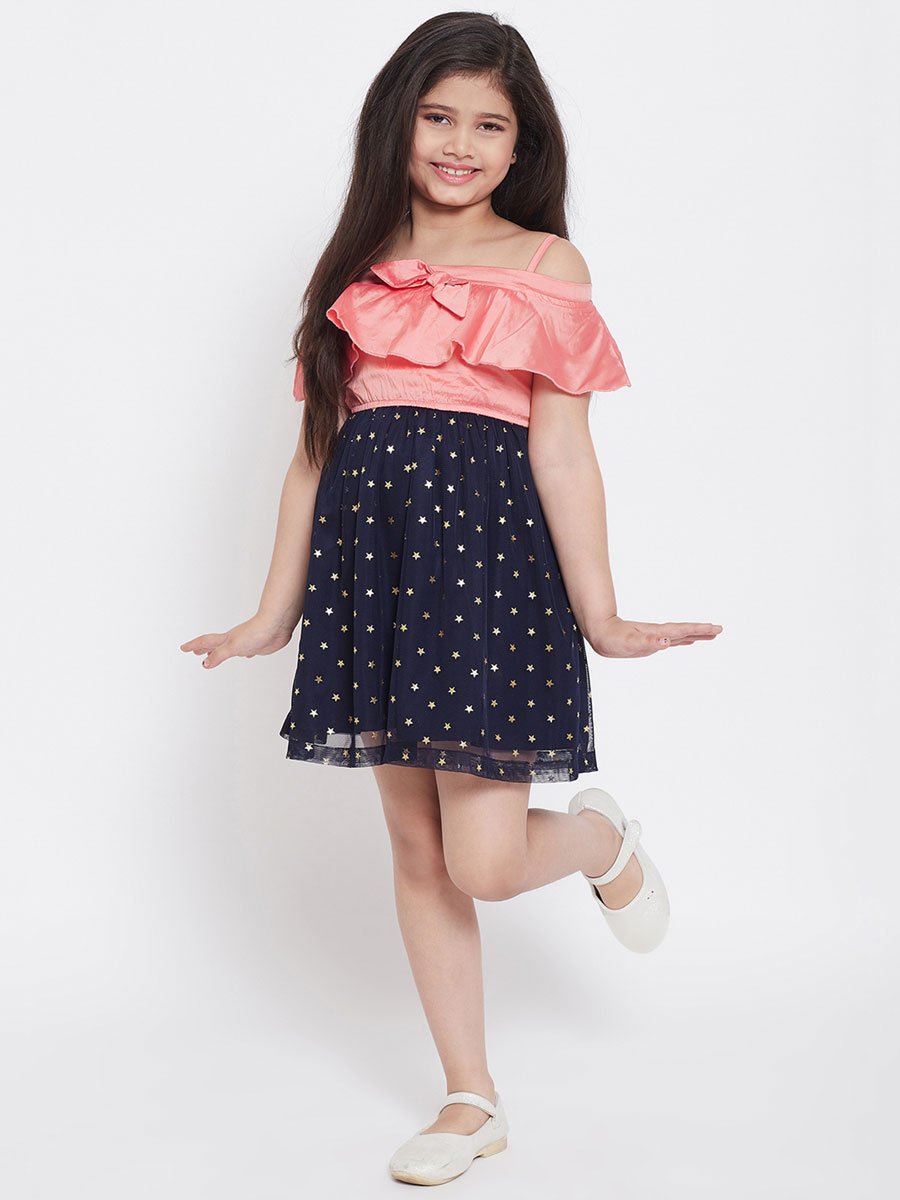 Girls Star Print Cold-Shoulder Mesh Layered Dress