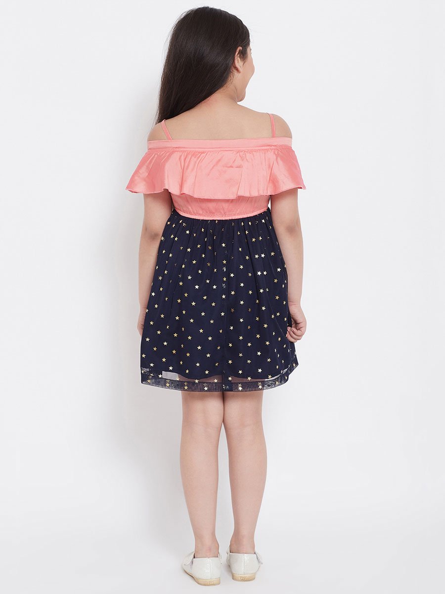 Girls Star Print Cold-Shoulder Mesh Layered Dress