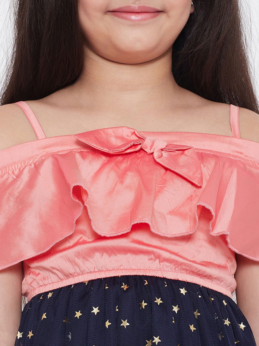 Girls Star Print Cold-Shoulder Mesh Layered Dress