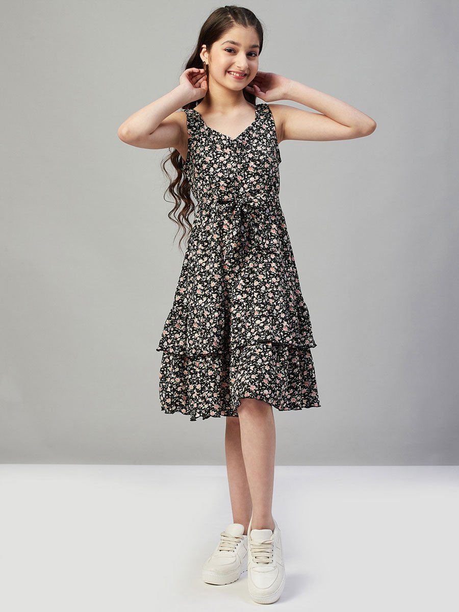 Girls Flower Printed Sleeveless Layered Dress