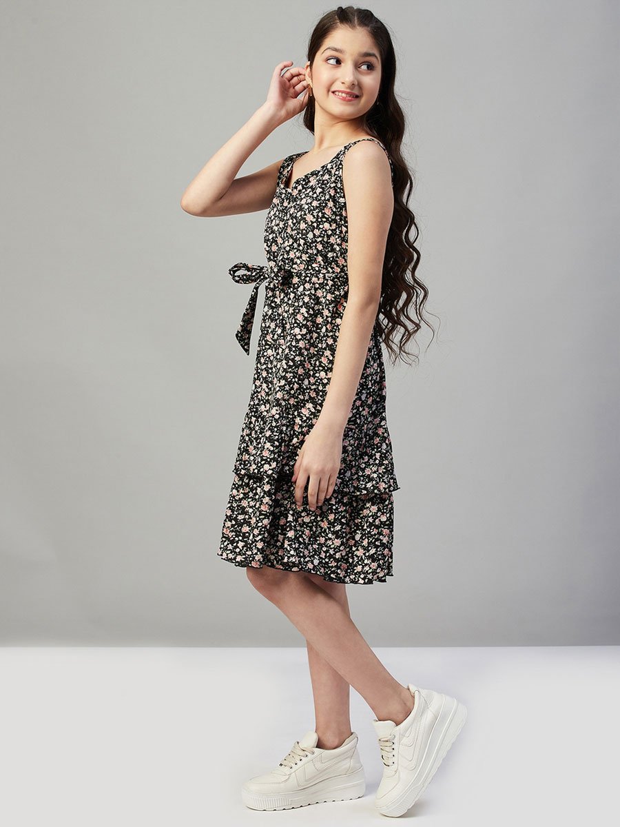 Girls Flower Printed Sleeveless Layered Dress