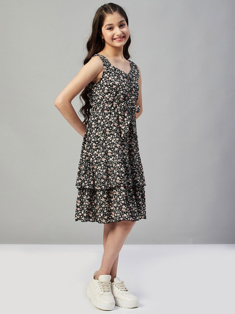 Girls Flower Printed Sleeveless Layered Dress