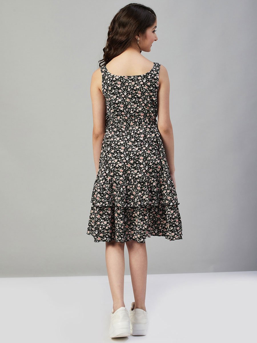 Girls Flower Printed Sleeveless Layered Dress