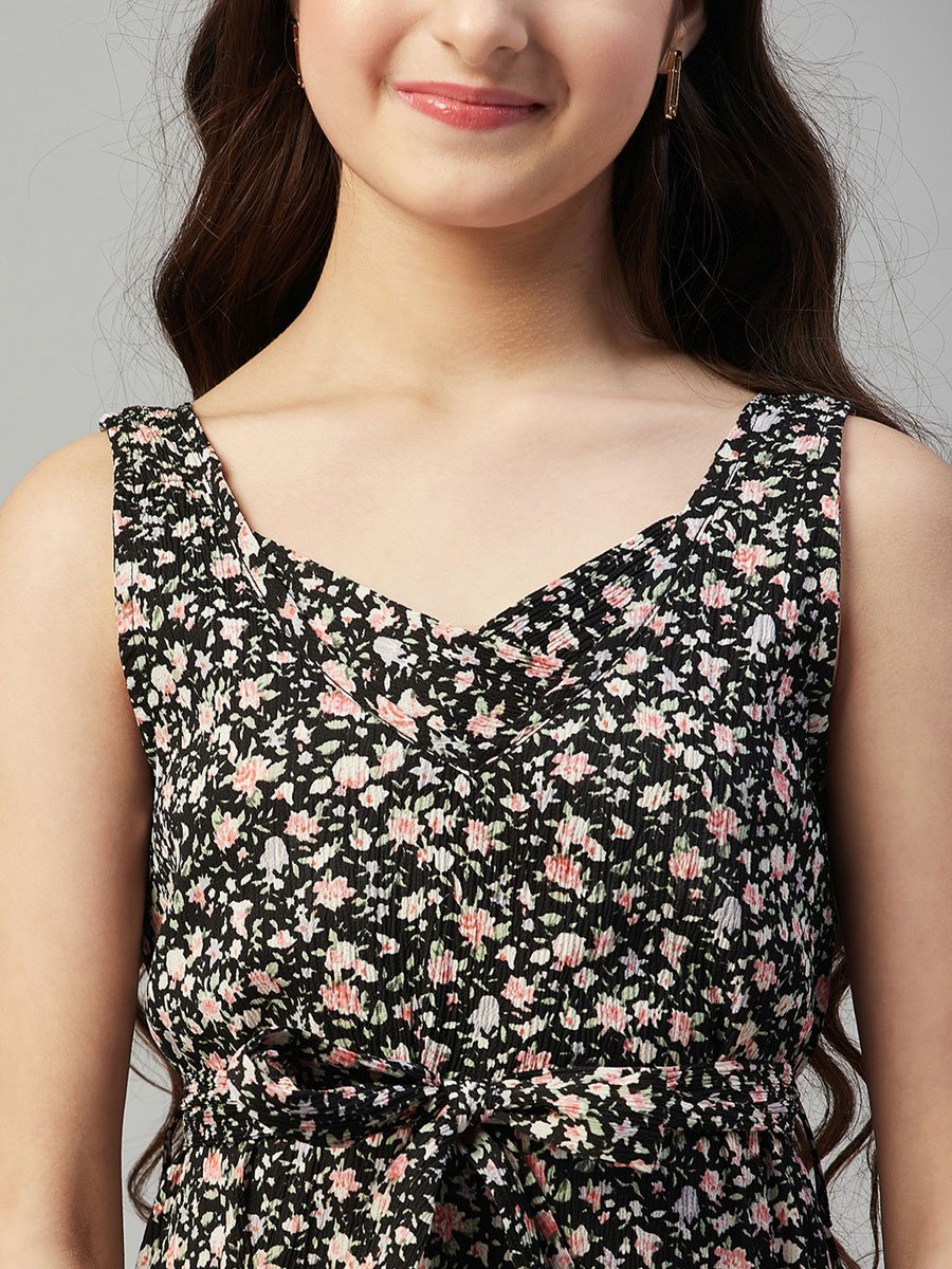 Girls Flower Printed Sleeveless Layered Dress