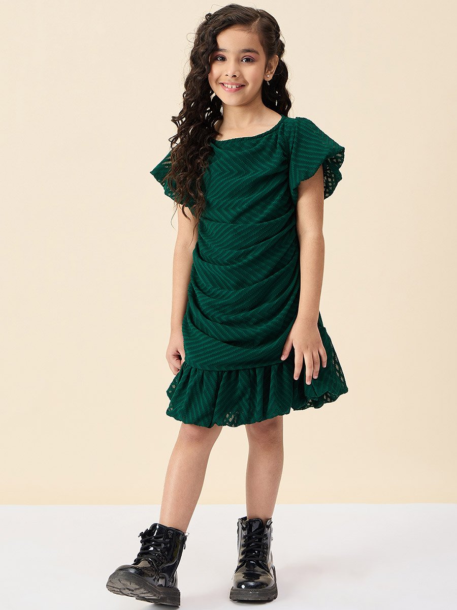 Girls Emerald Green Puff Sleeve Dress