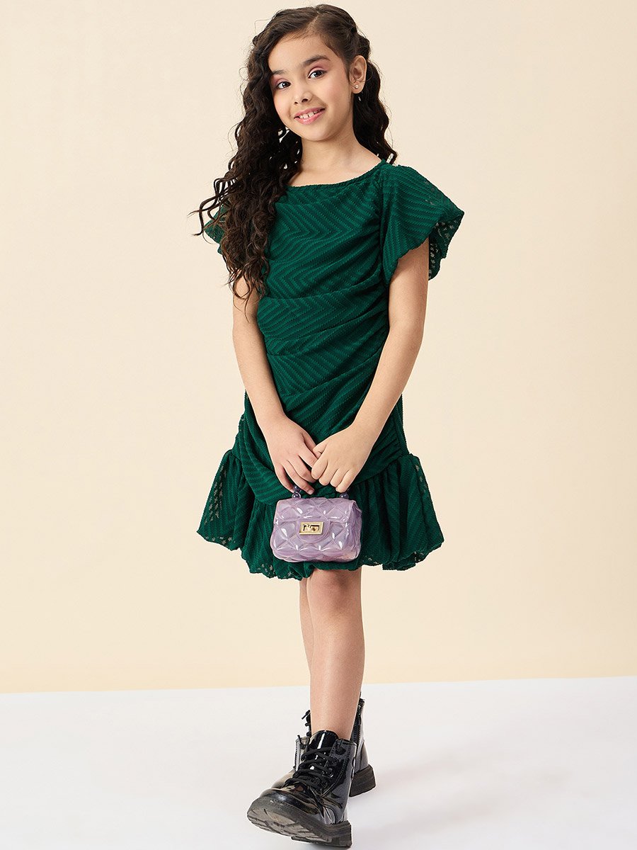 Girls Emerald Green Puff Sleeve Dress