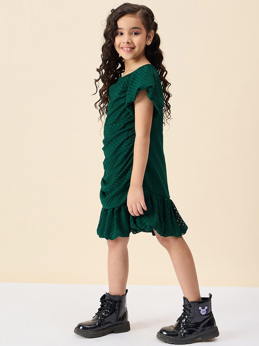 Girls Emerald Green Puff Sleeve Dress