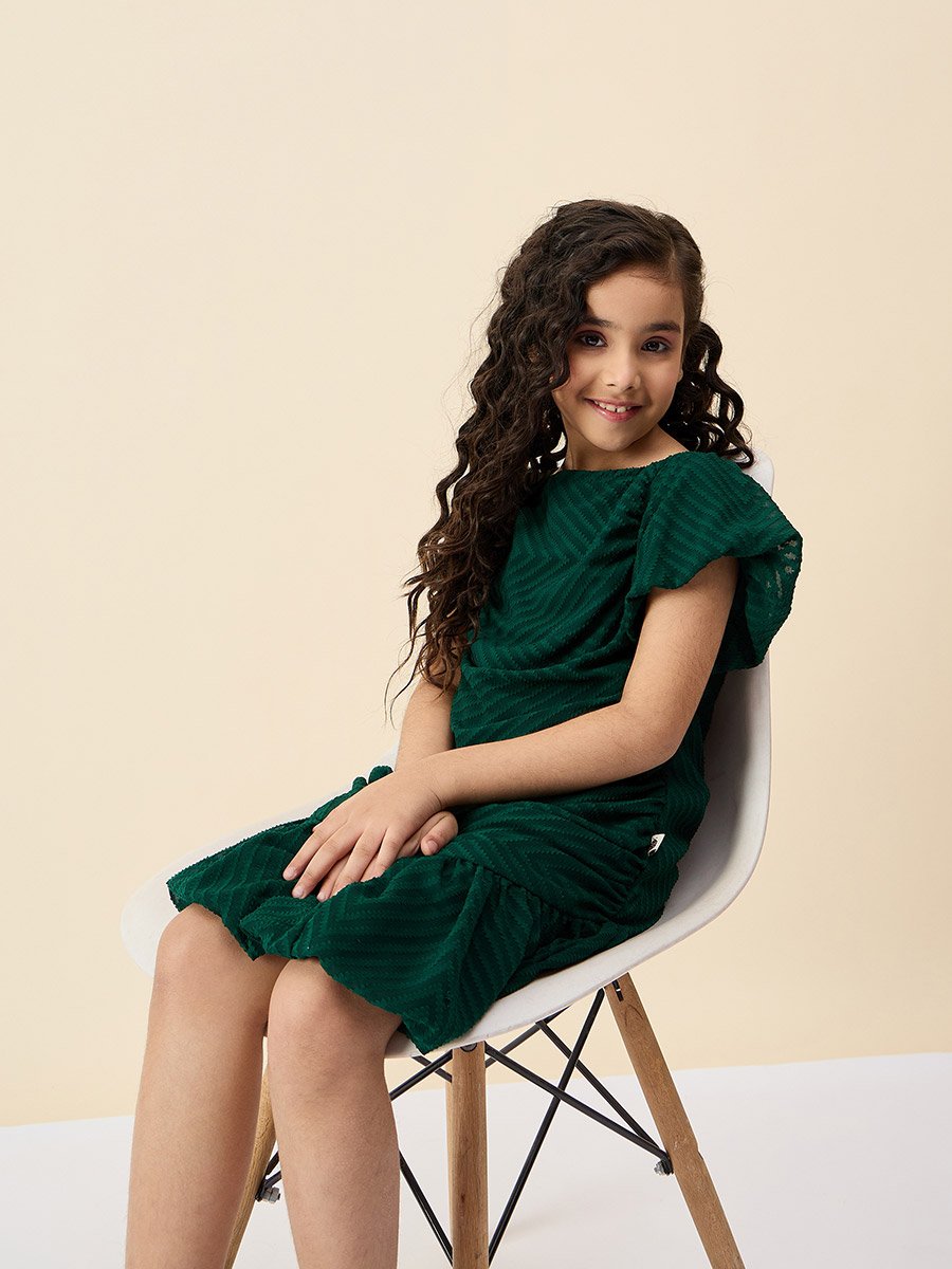 Girls Emerald Green Puff Sleeve Dress