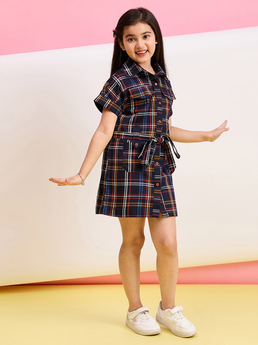 Girls Checked Printed Collared Dress