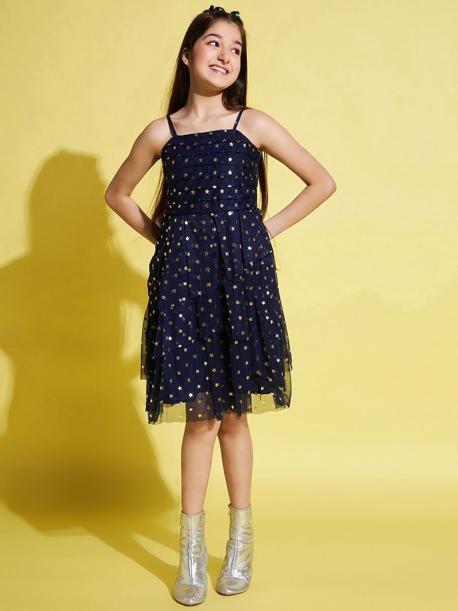 Girls Star Print Layered Mesh Party Dress