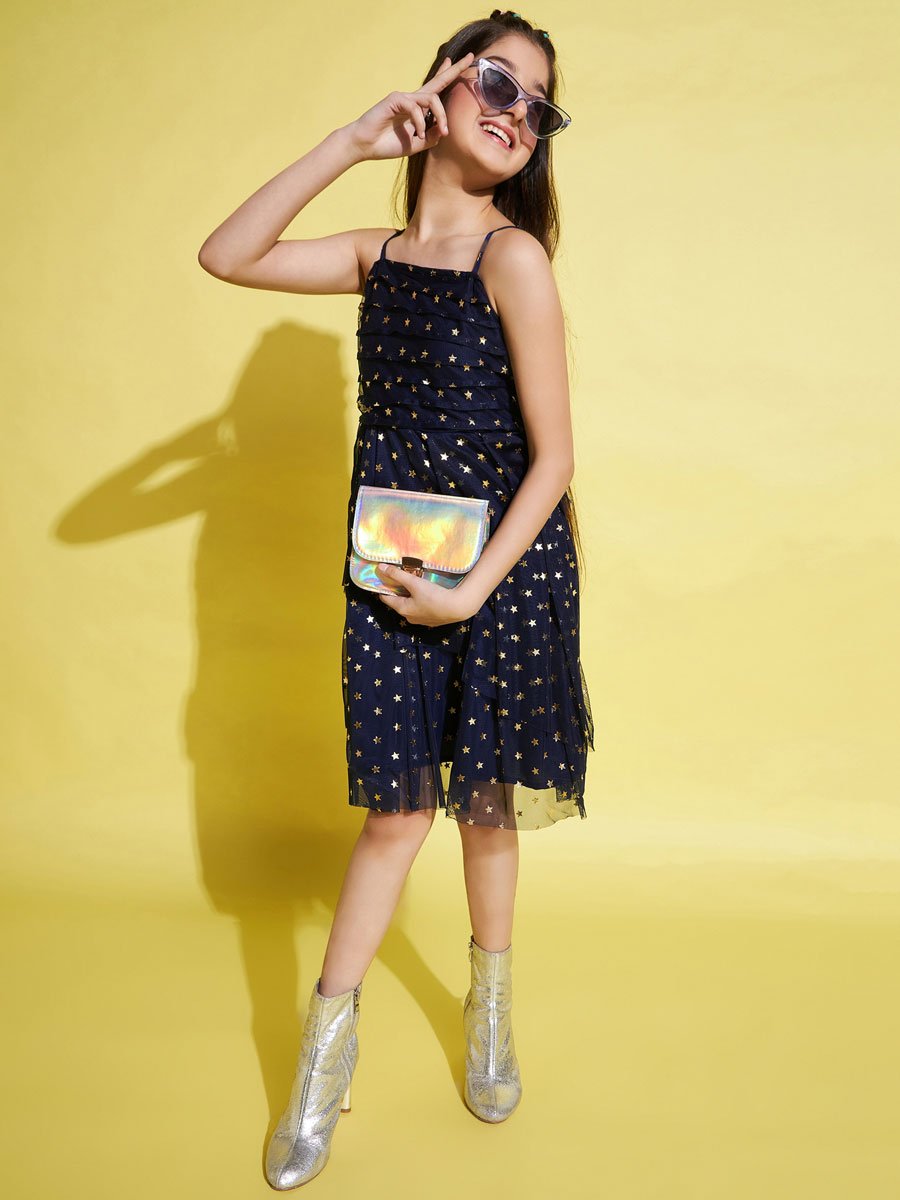 Girls Star Print Layered Mesh Party Dress