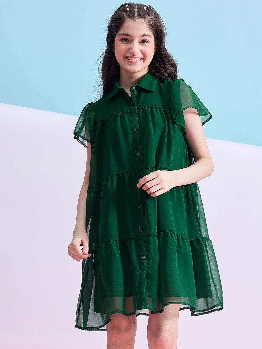 Girls Emerald Green Buttoned Tiered Mini Dress For Kids at UAE | Styli