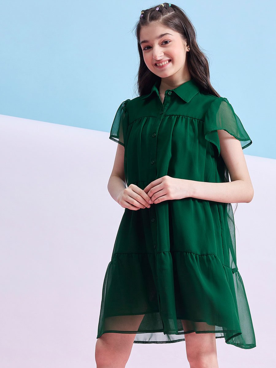 Girls Emerald Green Buttoned Tiered Mini Dress