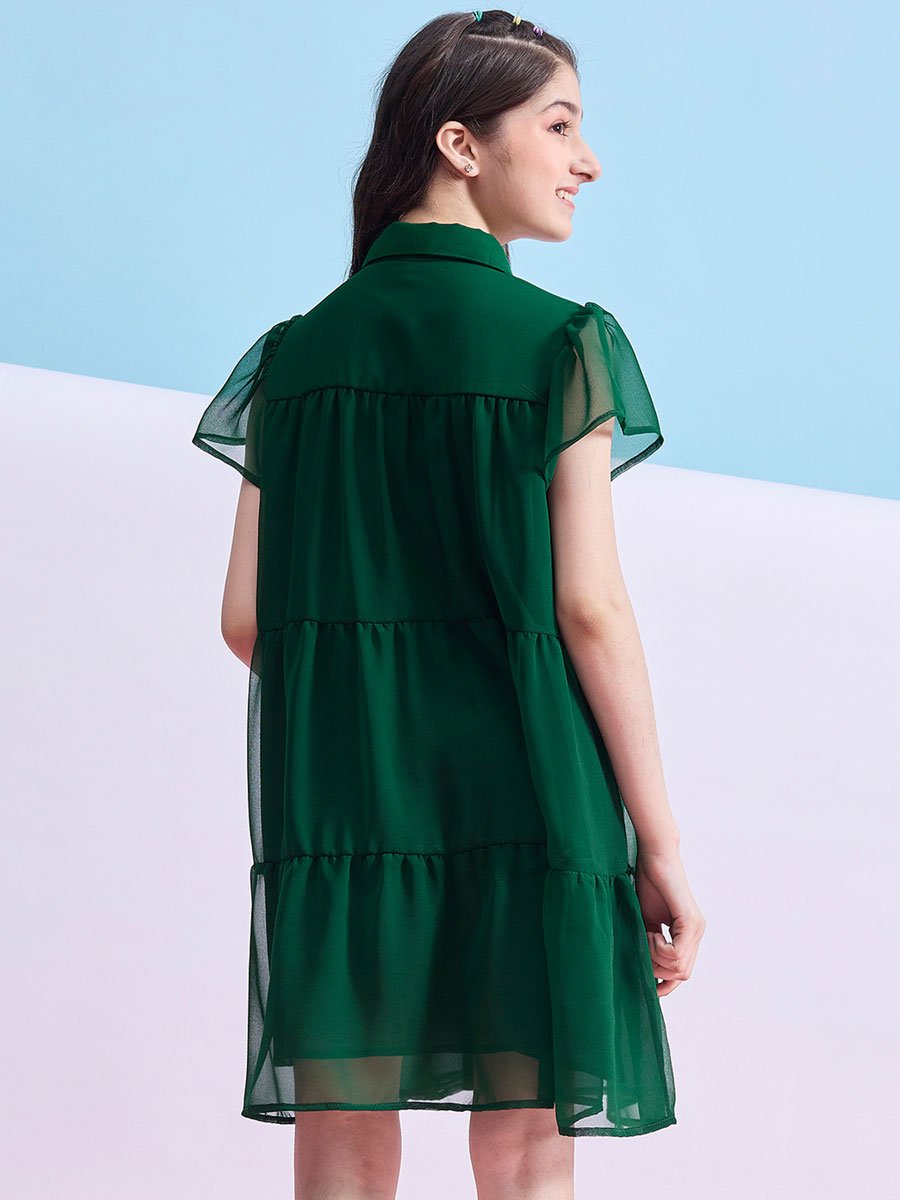 Girls Emerald Green Buttoned Tiered Mini Dress