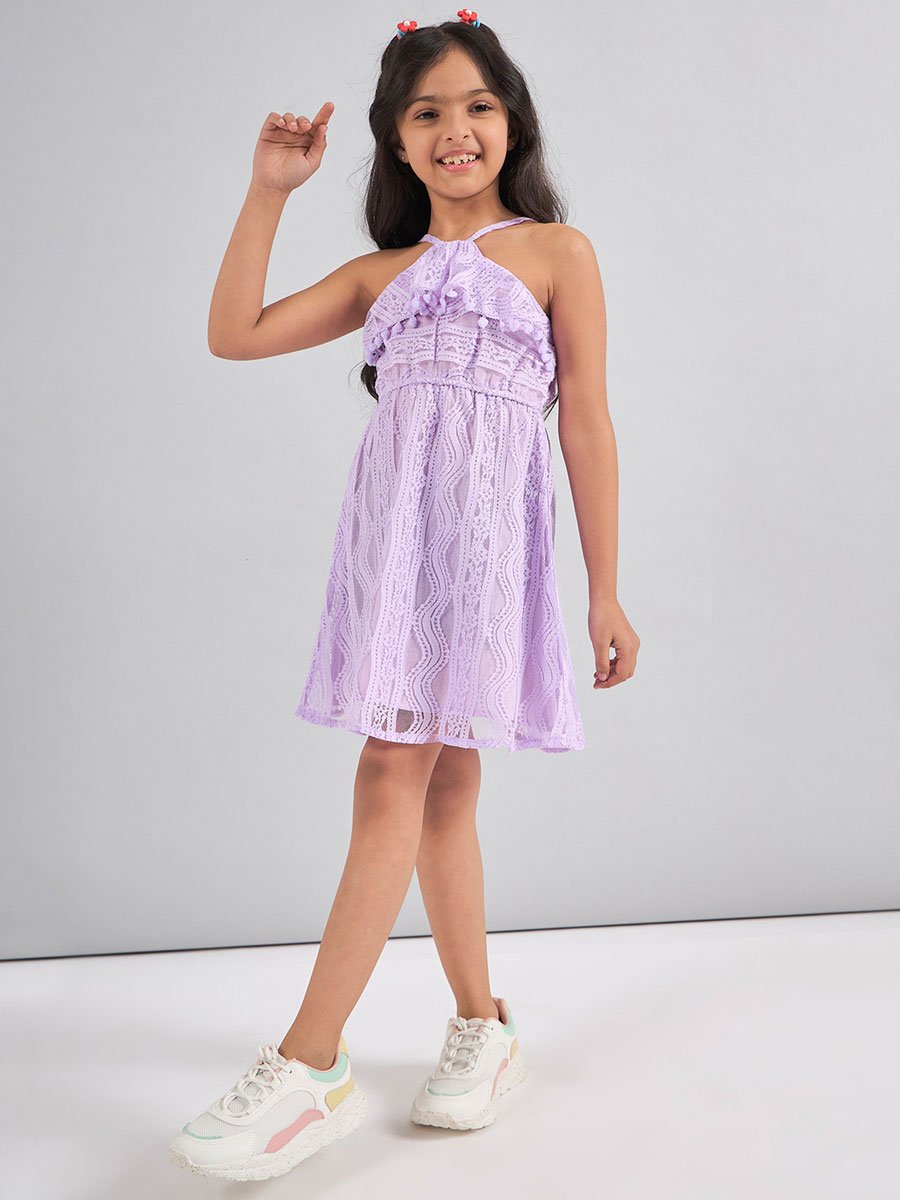 Girls Lilac Halter Neck Lace Mini Dress
