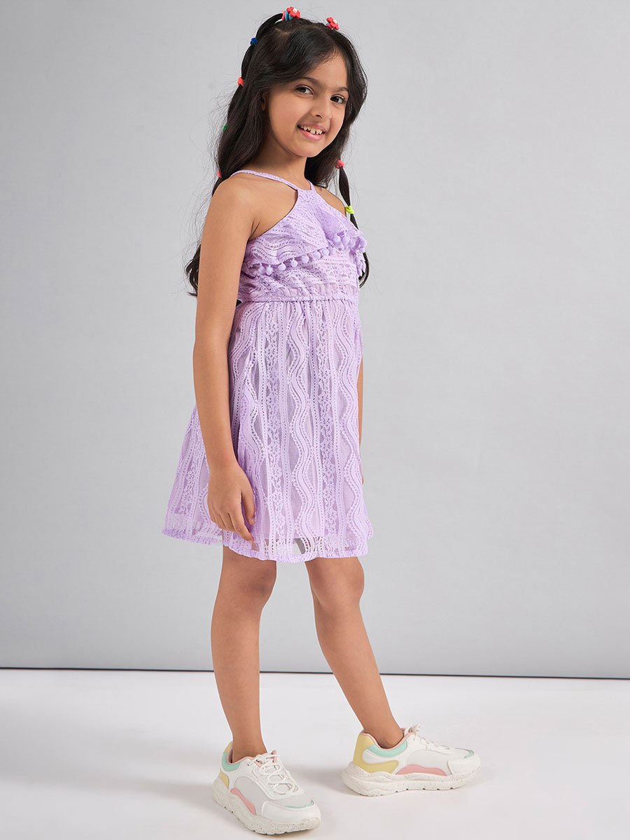 Girls Lilac Halter Neck Lace Mini Dress