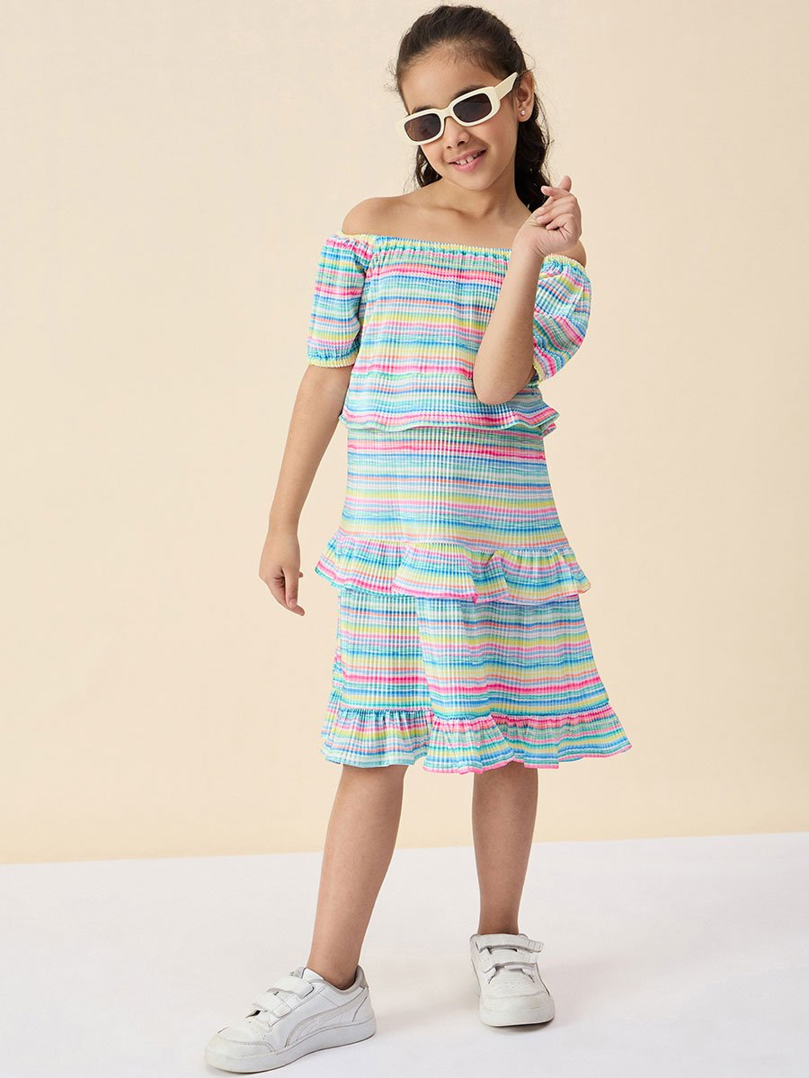 Girls Stripes Plisse Layered Dress