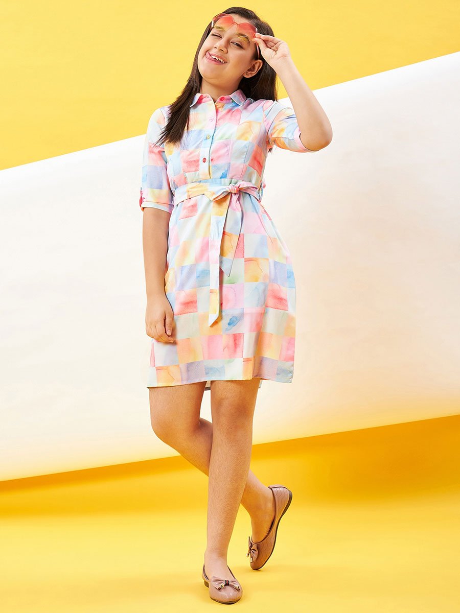 Girls Checked Printed Shirt Collar Mini Dress
