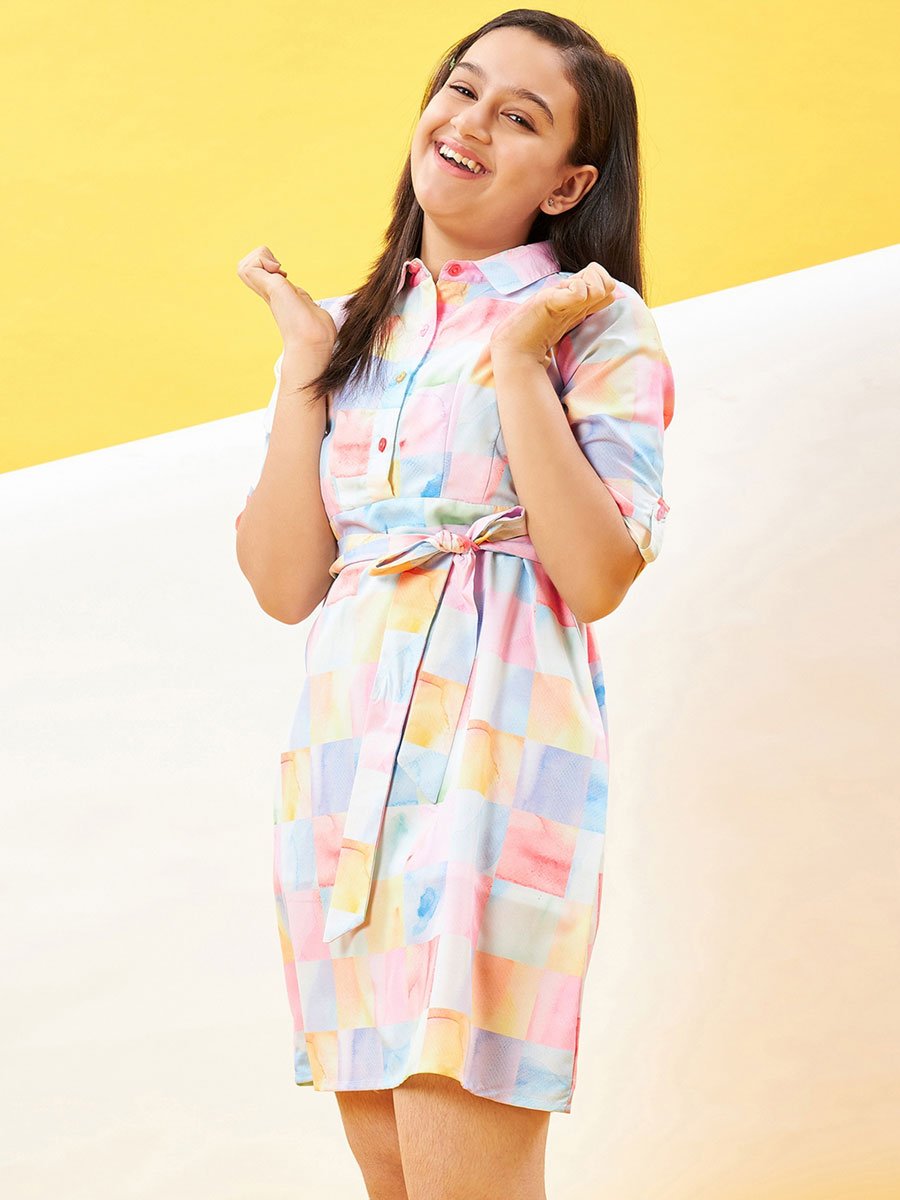 Girls Checked Printed Shirt Collar Mini Dress