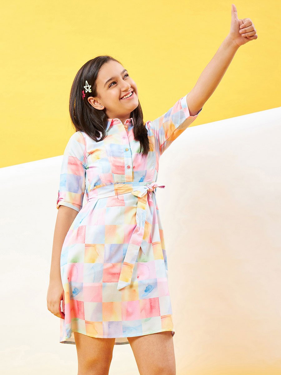 Girls Checked Printed Shirt Collar Mini Dress
