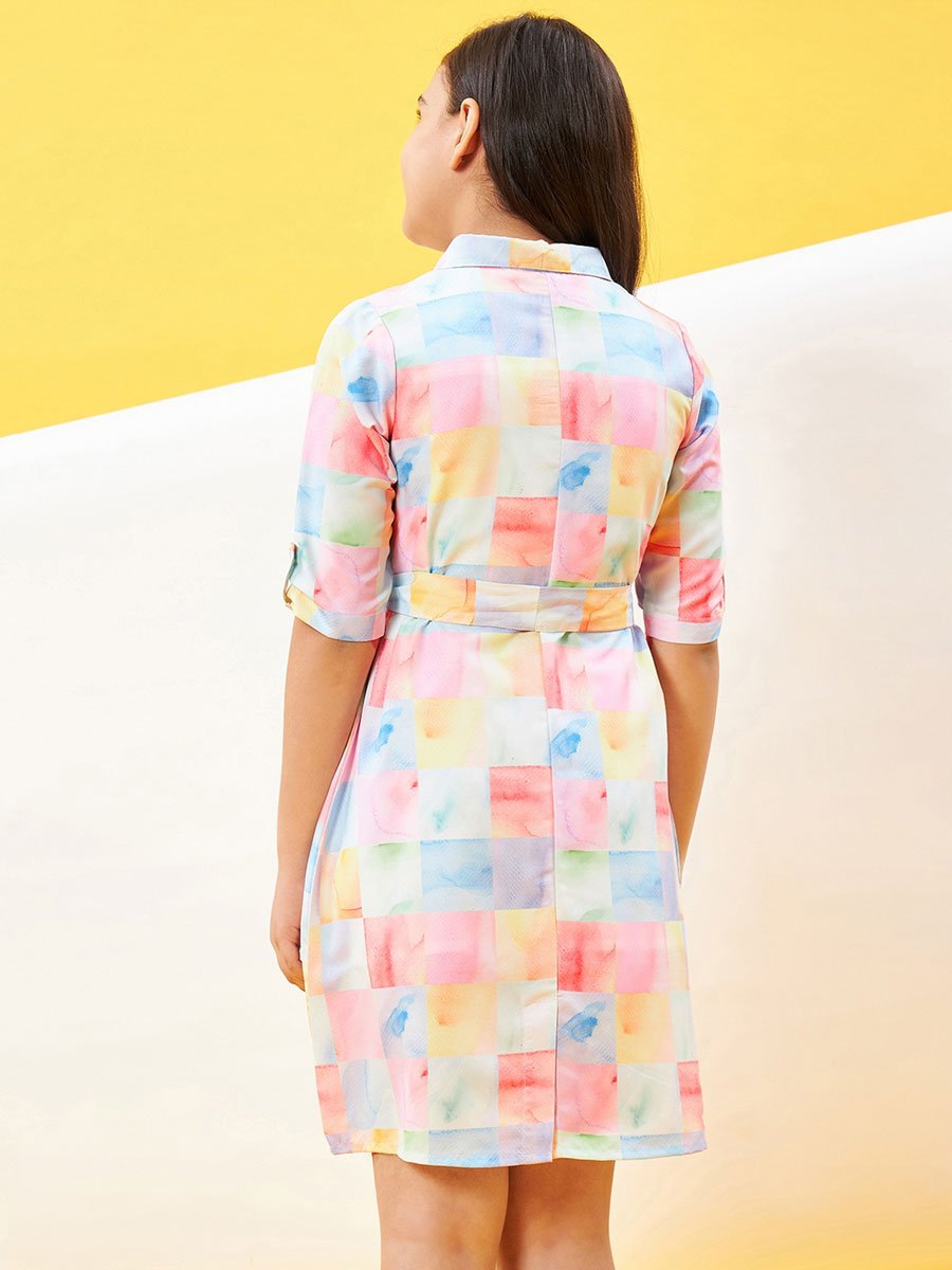 Girls Checked Printed Shirt Collar Mini Dress