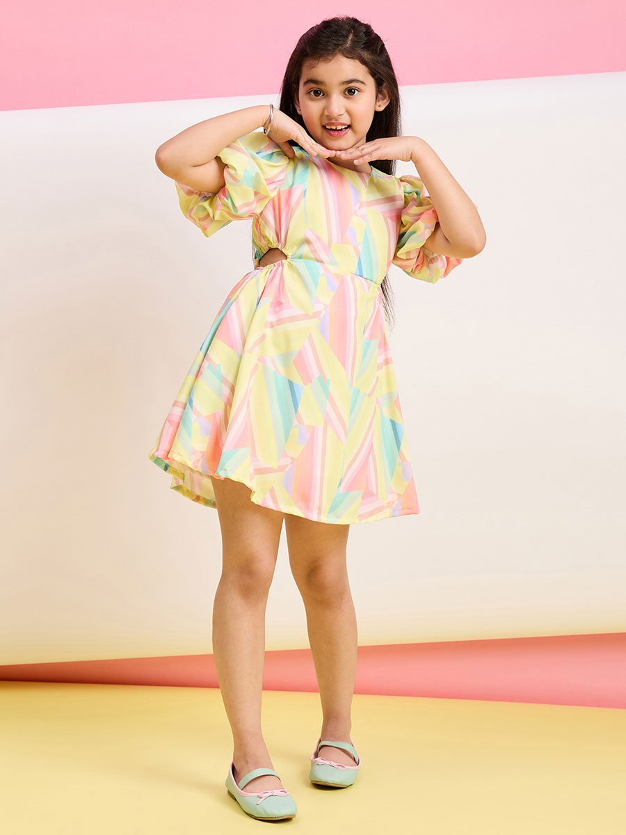 Girls Pastel Printed Puff Sleeve Midi Dress