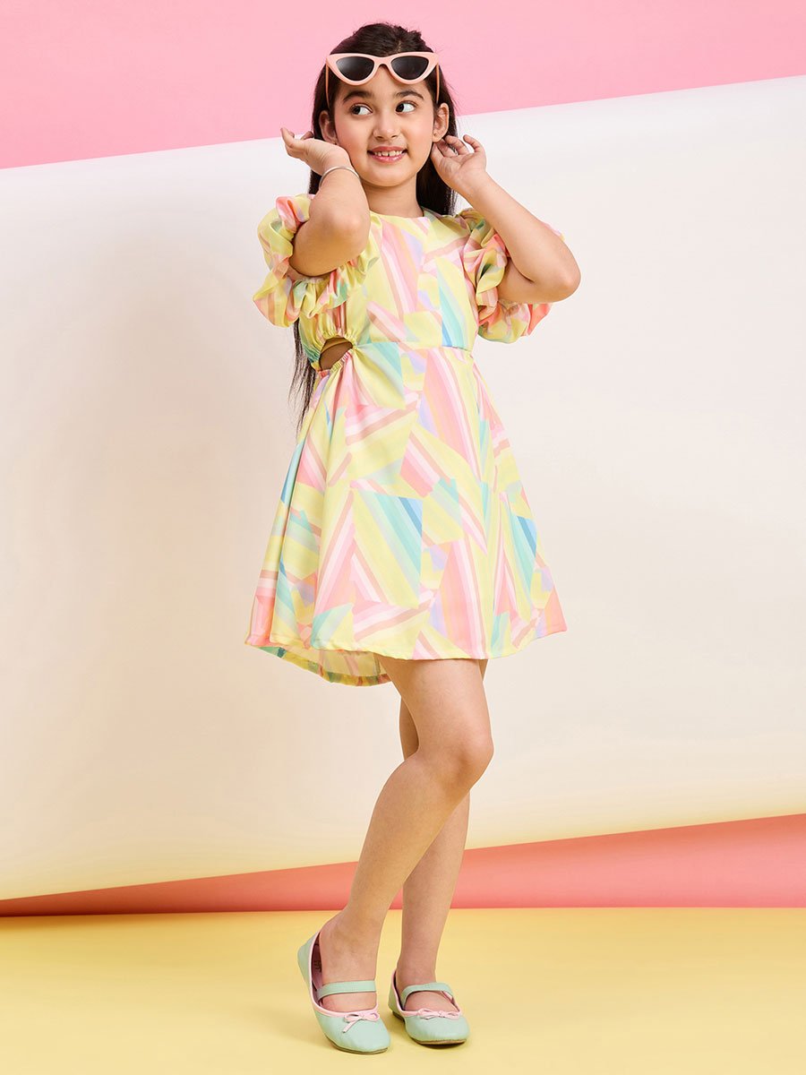Girls Pastel Printed Puff Sleeve Midi Dress