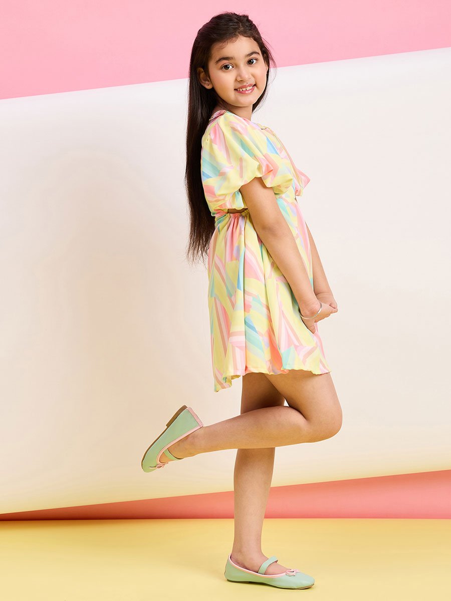 Girls Pastel Printed Puff Sleeve Midi Dress